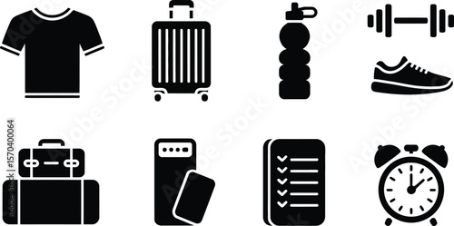 Illustrated icons of travel and fitness items arranged on a white background