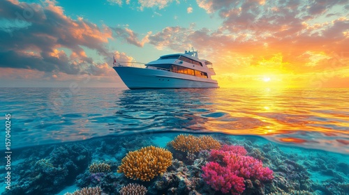 Fototapeta Naklejka Na Ścianę i Meble -  Luxurious yacht sails over a vibrant coral reef at sunset.