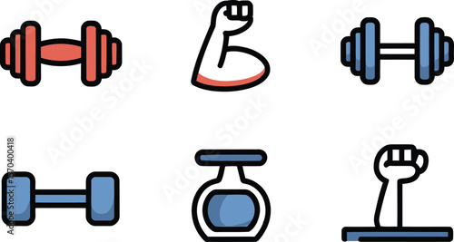 Illustration showing dumbbells, arm muscle, and a raised fist on a light background