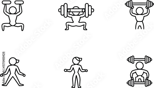 Illustration of people doing different exercises with dumbbells and barbells on gray