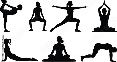 Silhouette illustration showing women in various yoga poses on a white background