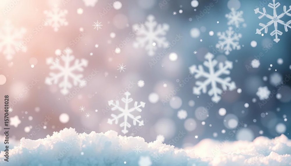 Naklejka premium Delicate pastel snowflakes swirl in a magical winter scene, soft light illuminating icy crystals, purple, snowflake