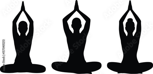 Three silhouette figures in yoga lotus pose with hands raised overhead on white
