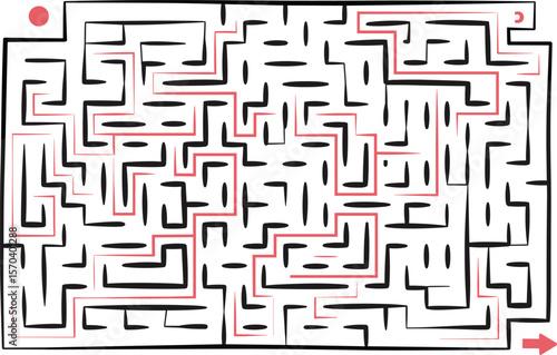Hand-drawn maze puzzle with red solution path, creative labyrinth design, educational game challenge, vector sketch style, brain teaser activity