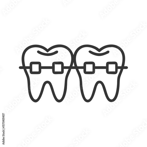 Iconic representation of dental health: teeth with braces, orthodontics