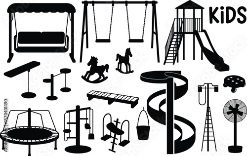 Kids playground equipment, silhouette vector set, swing, slide, seesaw, trampoline, rocking horse, park toys, outdoor play structures