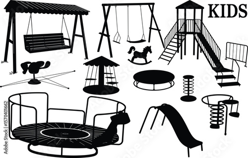 Kids playground silhouette vector, outdoor play equipment, swing, slide, carousel, trampoline, child park icons, black illustration design
