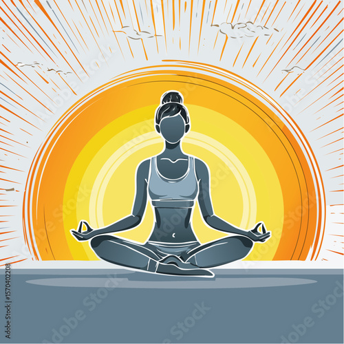 yoga pose silhouette beneath sunset mesh sky with soft vector grain and mindful calm