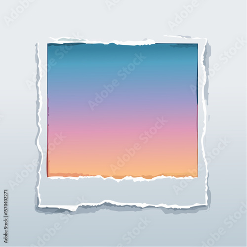 ragged polaroid frame with torn paper edges and dreamy pastel gradient wash