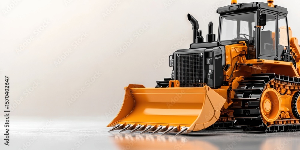 Fototapeta premium An orange and black bulldozer is presented in a cyberpop style, ideal for a dynamic website header displaying construction equipment with expert detail and art.
