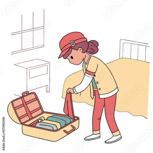 Woman packing a suitcase in a bedroom with a bed and nightstand getting ready for a trip or vacation