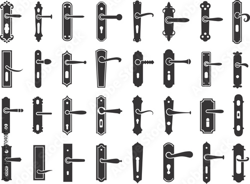 Vintage door handle vector set, classic keyhole silhouettes, antique lock designs, black decorative metal hardware, old style illustrations