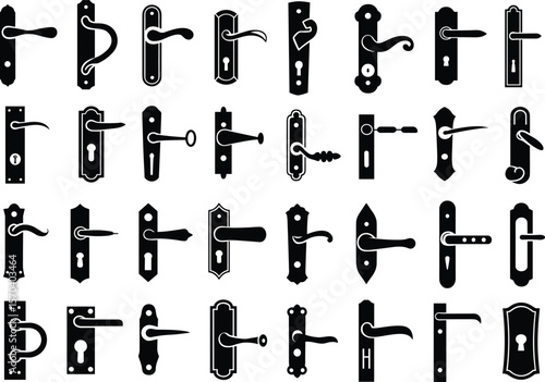 Vintage door handle silhouette set, classic lock keyhole designs, antique vector illustration, black decorative hardware, home interior elements