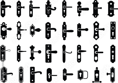 Vintage door handles and keyholes, black silhouette set, classic antique style, decorative lock design collection, vector illustration icons