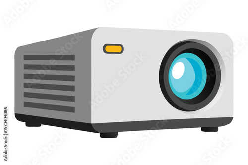 Modern white projector with blue lens and ventilation grilles