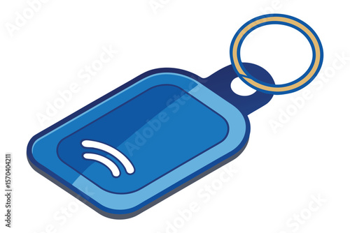 Blue rfid key fob with wireless signal icon and metal keychain ring