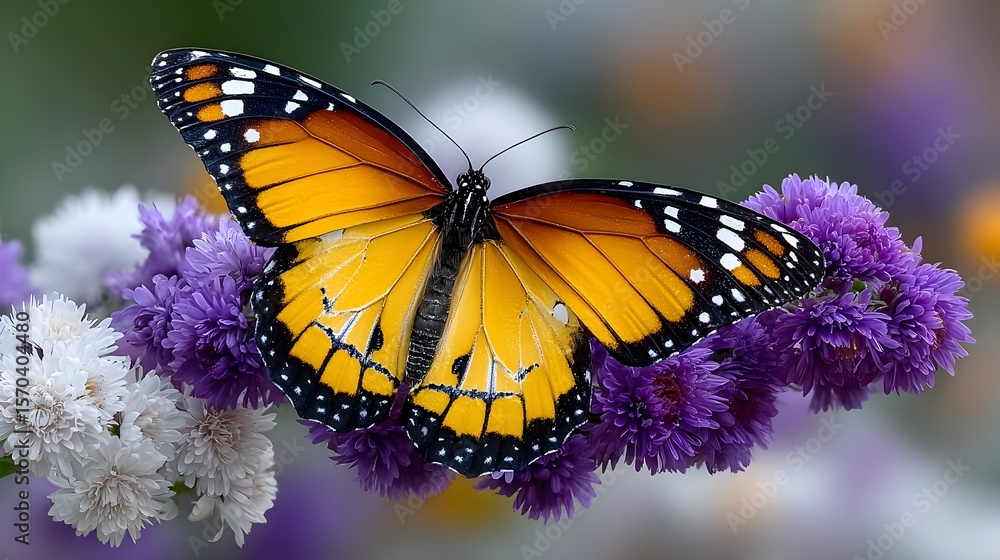 Obraz premium Monarch butterfly on purple flowers, garden bokeh