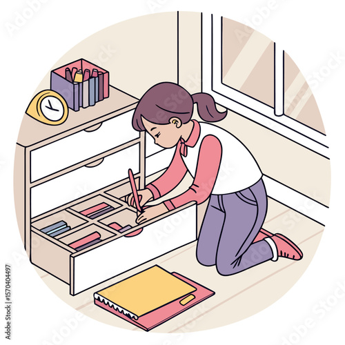 Girl kneeling drawing in open drawer with books and pens near window and clock on dresser top indoors