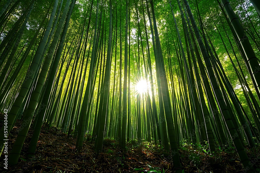 Fototapeta premium Sunlight shining through bamboo forest canopy creating a vibrant and serene atmosphere, nature