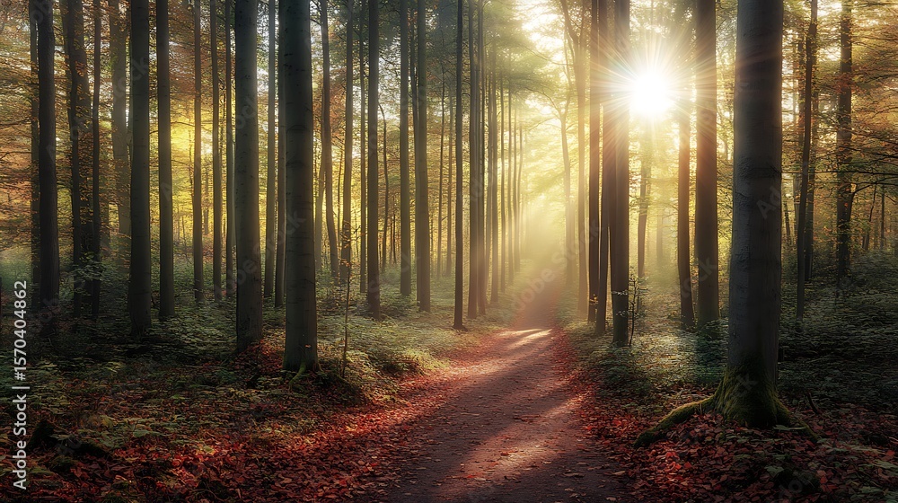 Fototapeta premium Sunlit path through autumn forest with fallen leaves and tall tree trunks
