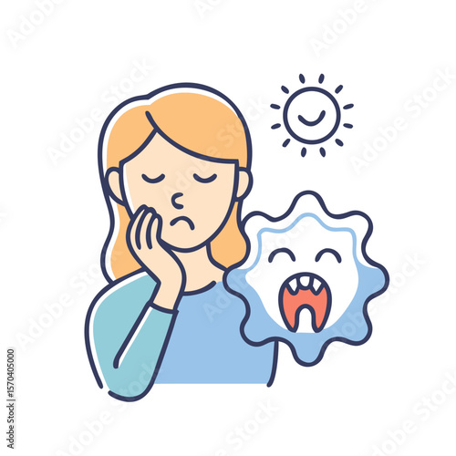 Woman with toothache caused by bacteria cartoon style illustration