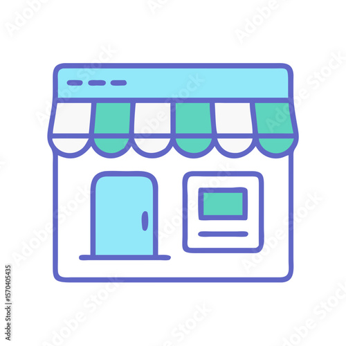 Cute cartoon store front with awning and door icon