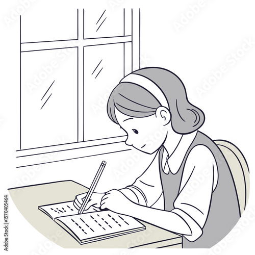Illustration of a girl writing in a notebook at a desk near a window with natural light coming in room