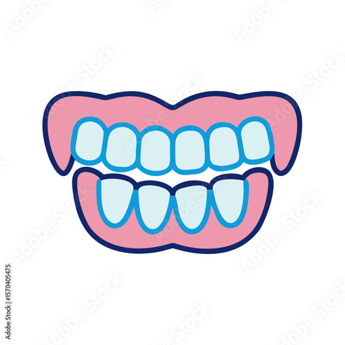 Cartoon denture with pink gums and blue outline on White