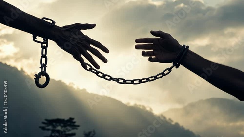 Hands Breaking Free from Chains at Sunrise