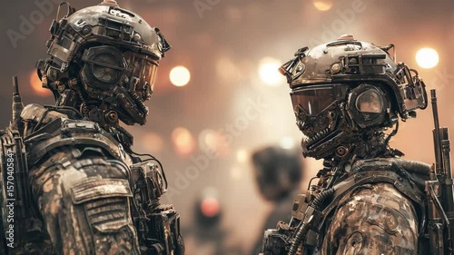 A military robot and a human soldier standing together during a briefing in a command center