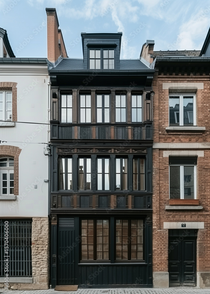 Fototapeta premium Charming house featuring wooden window frames and white walls