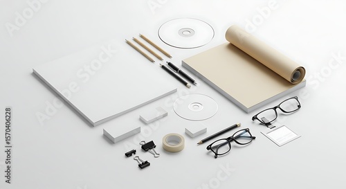 Wallpaper Mural Minimalist stationery mockup featuring paper, CDs, pens, glasses, and binder clips on a white surface Torontodigital.ca