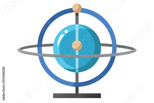 Stylized gyroscope with blue and gray rings and a blue sphere