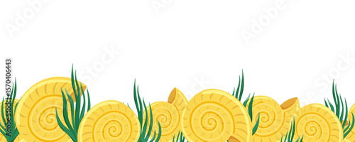 Vector marine border with yellow spiral shells and green seaweed at the bottom. Ideal for packaging, fabric, stationery and ocean themed collection