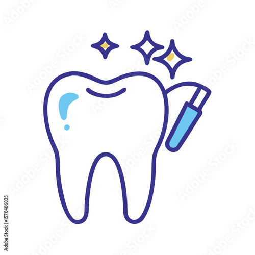 Tooth with toothbrush and sparkles on White Background