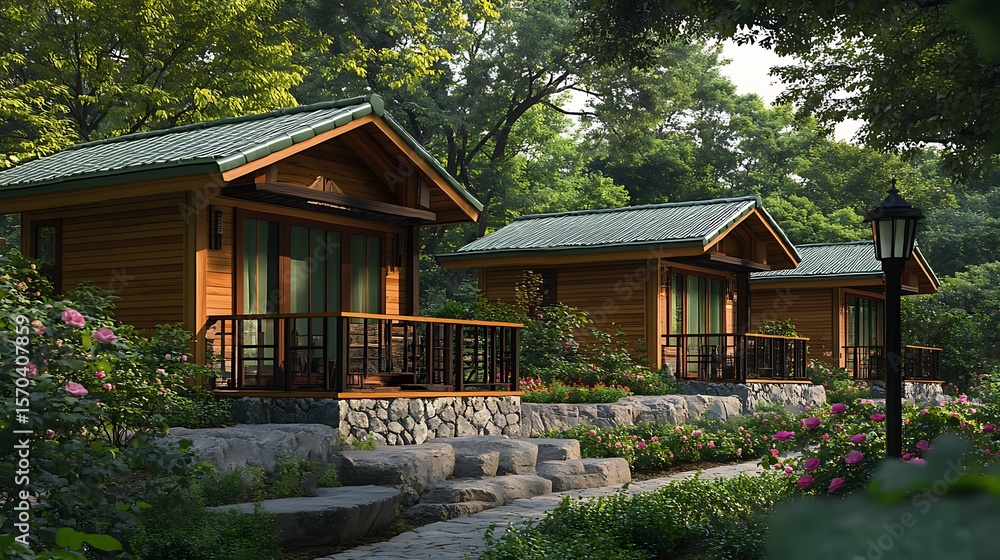Naklejka premium Wooden cabin row nestled in garden landscape with stone path and flowers