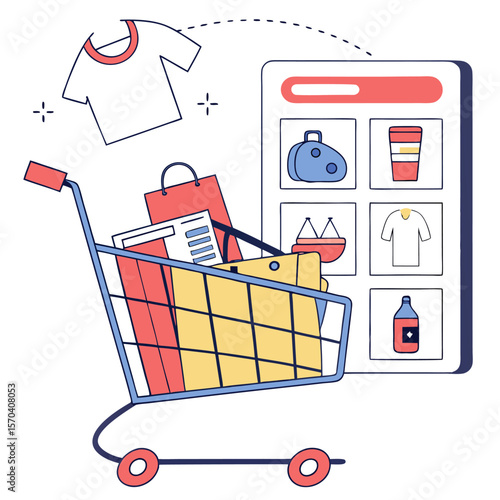 Online shopping concept with a full shopping cart and a smartphone displaying various products and a t shirt flying towards it