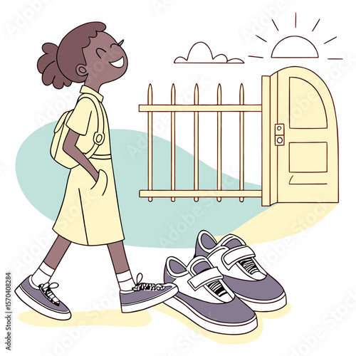 A girl in uniform walking past a gate with shoes on the ground and a sun and cloud in the background