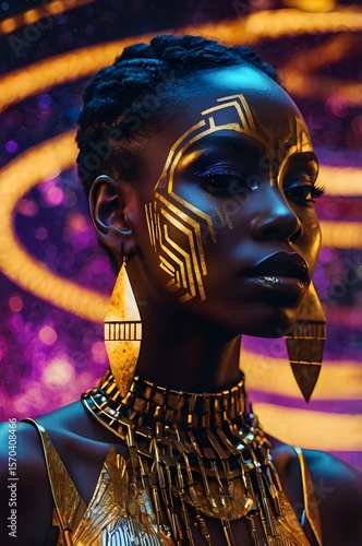 Elegant Black woman in futuristic metallic attire with glowing geometric face paint and gold tribal earrings, set against a cosmic nebula background, Generative Ai
