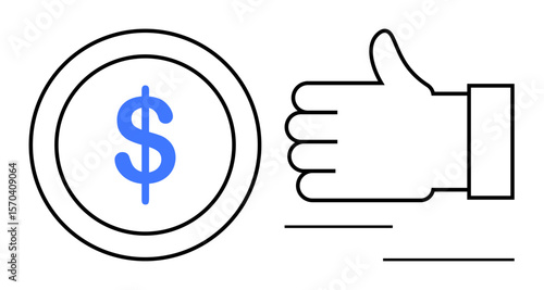 Hand making thumbs-up near blue dollar sign coin symbolizing financial stability, approval, economic growth, or good decision-making. Ideal for finance, banking, investment, saving, success