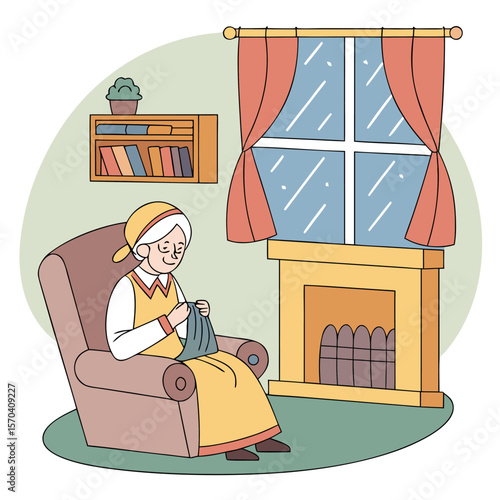 An elderly woman sits in an armchair knitting in her living room with fireplace and a window with curtains