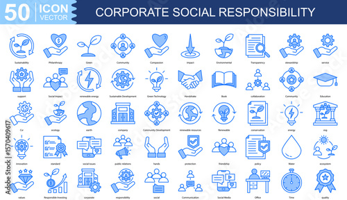 corporate social responsibility icon collection set. Containing Sustainability, Philanthropy, Green, Community, Compassion icon