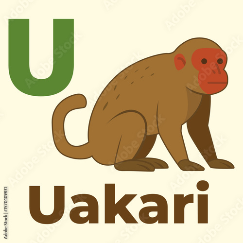 Cartoon uakari monkey beside letter U. A unique rainforest primate for alphabet learning, flashcards, and educational content. Fun and rare choice for animal-themed kids designs.