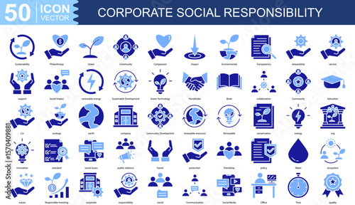 corporate social responsibility icon collection set. Containing Sustainability, Philanthropy, Green, Community, Compassion icon