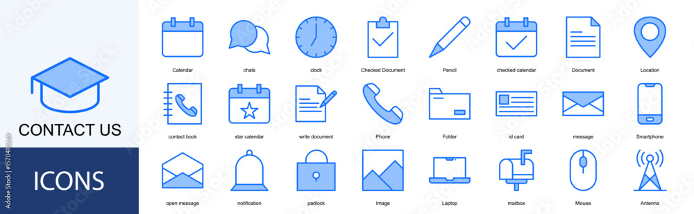 Contact us icon collection set. Containing Calendar, chats, clock, Checked Document, Pencil, checked calendar icon Contact us icon collection set. Containing Calendar, chats, clock, Checked Document, Pencil, checked calendar icon