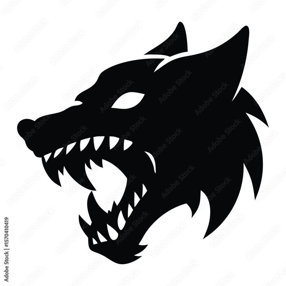 Fototapeta premium Silhouette of a Ferocious Wolf Head with Sharp Teeth Depicting Aggression and Wildness in a Striking Black and White Design