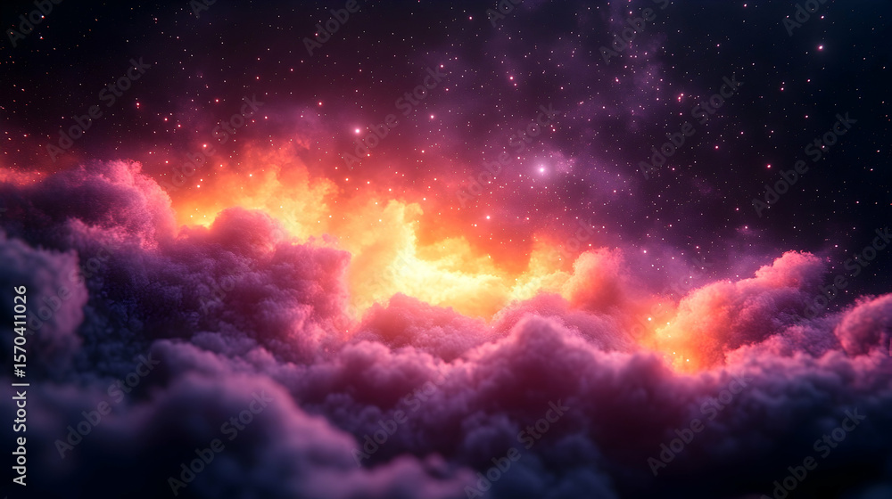 Naklejka premium Celestial Cloudscape: Fiery Sunset Hues and Starry Night