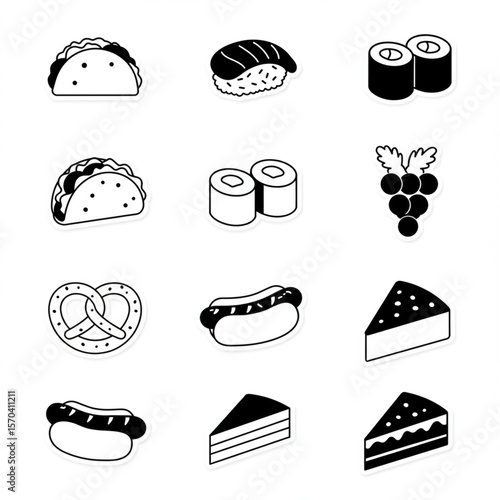 A diverse vector set of food icons illustrating various meals like breakfast, pizza, burgers, sushi, and sweet desserts