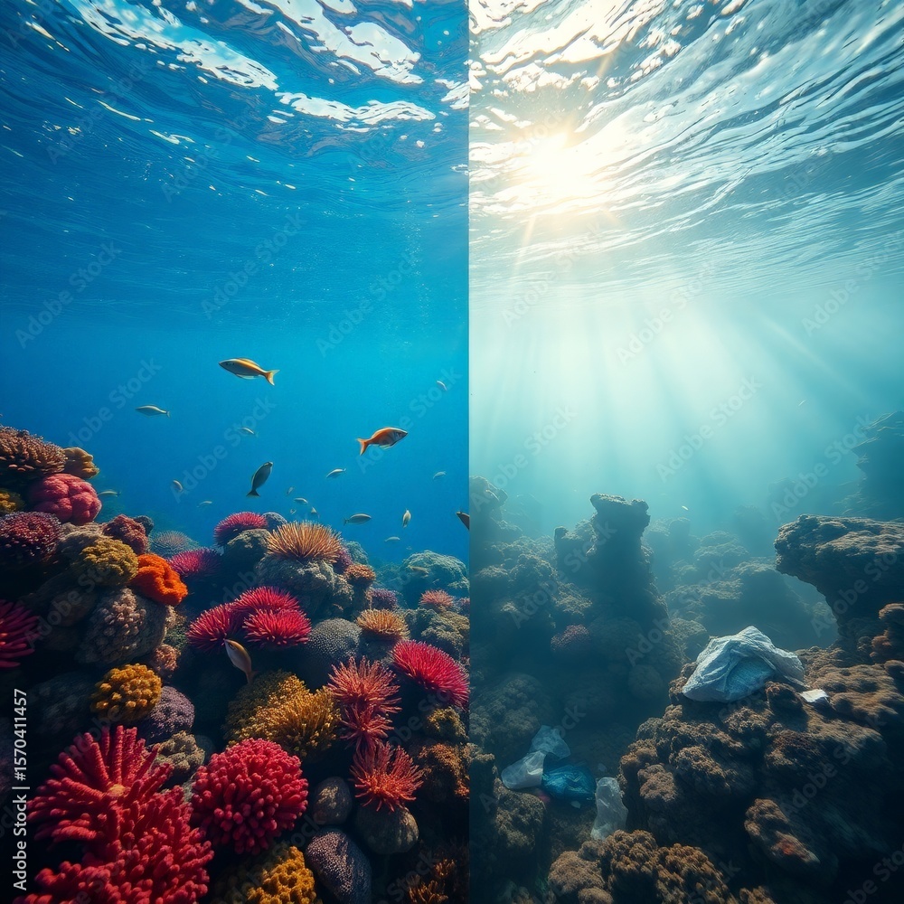 Obraz premium Underwater Contrast: Healthy vs. Polluted Reef