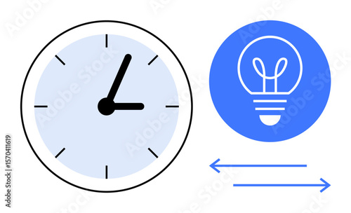 Clock representing time alongside light bulb symbolizing ideas, connected by arrows. Ideal for productivity, creativity, innovation, workflow, planning, efficiency, simple landing page
